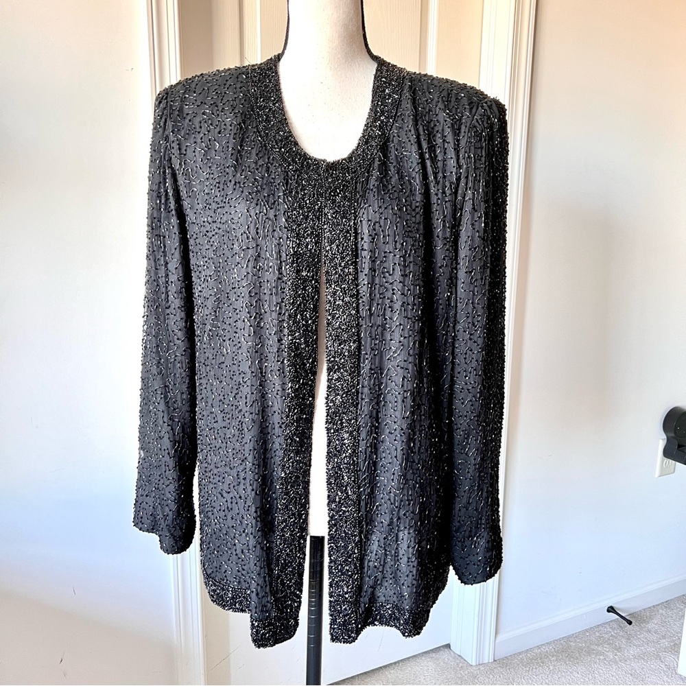 Vintage LAURENCE KAZAR Formal Black Beaded 100% Silk Cardigan Blazer—SZ. 1X